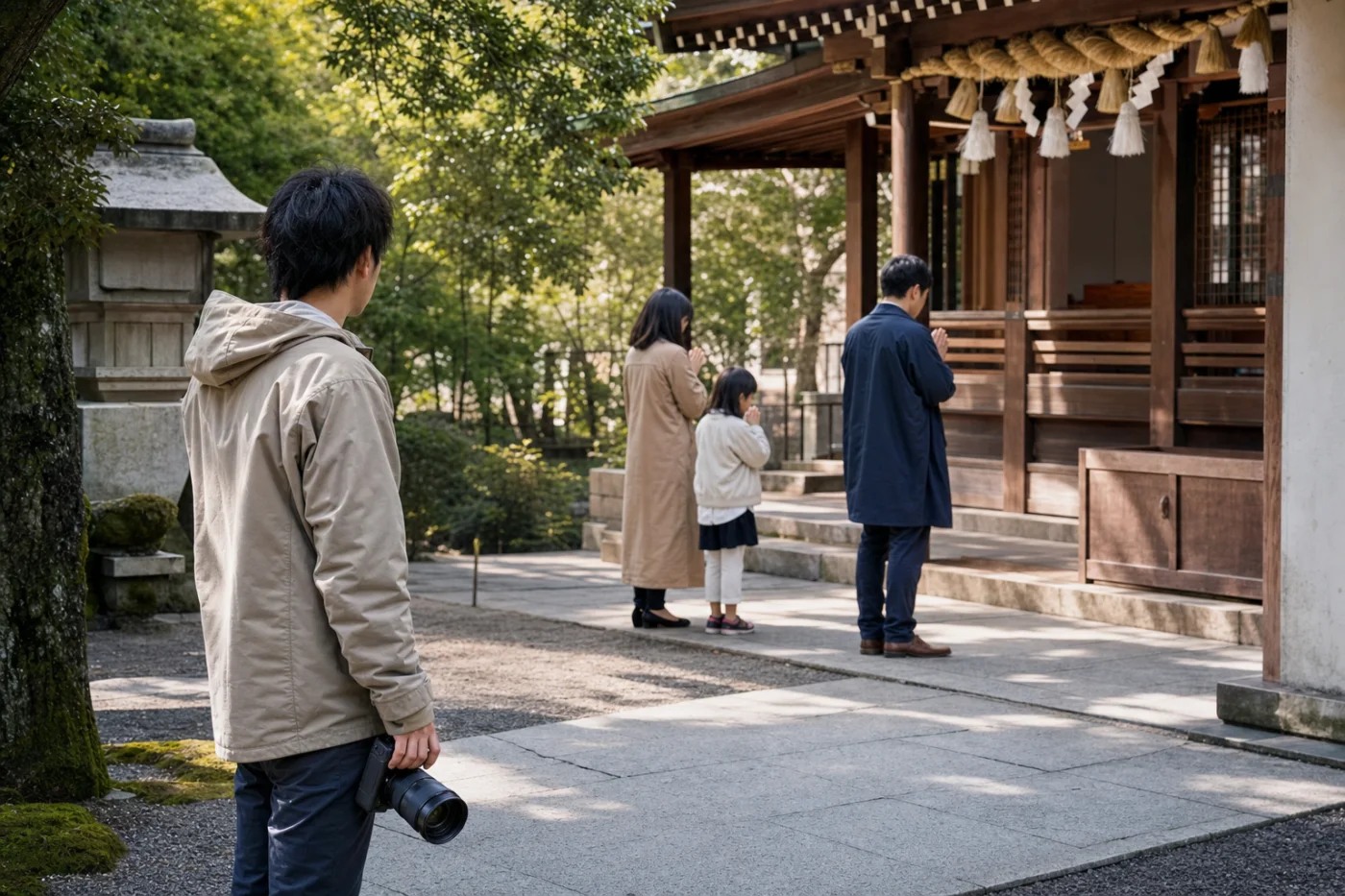 参拝を妨げない位置で待つ出張カメラマン