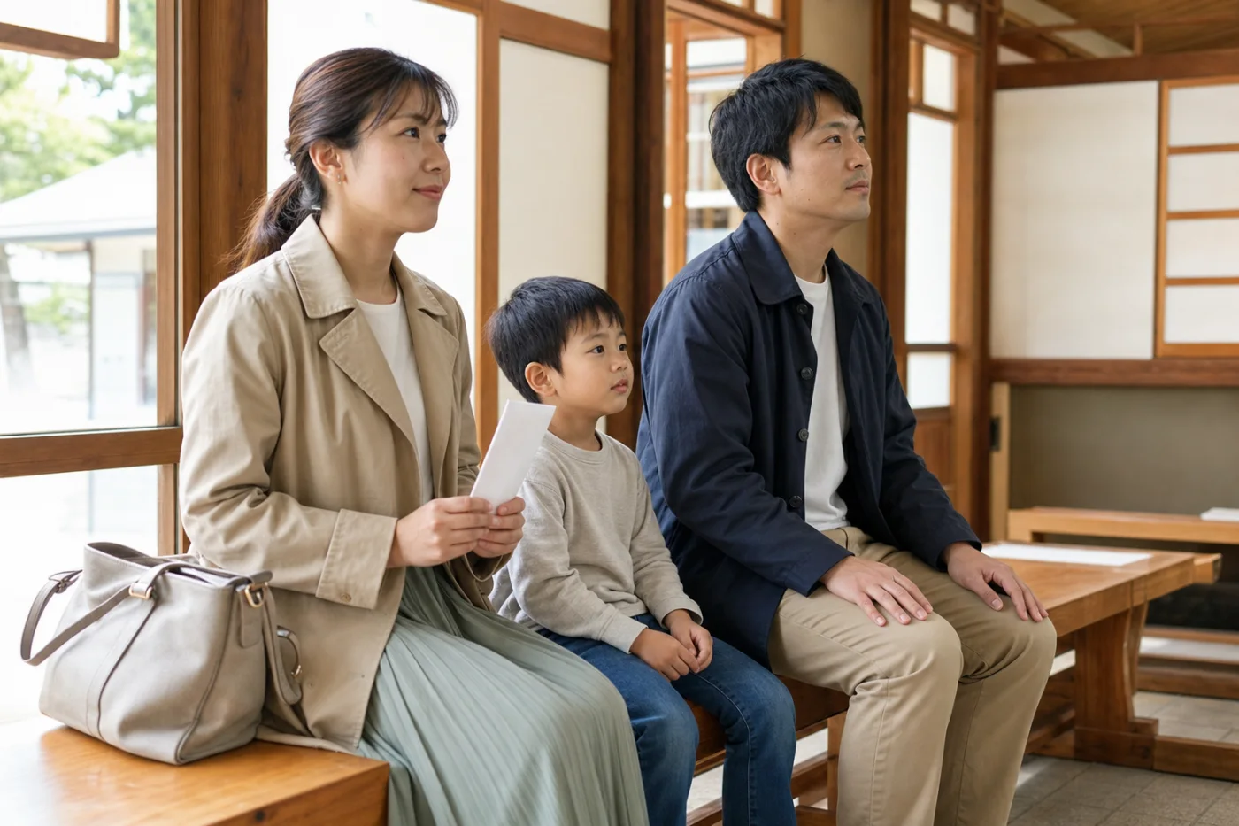 神社の待合所でご祈祷を待つ家族