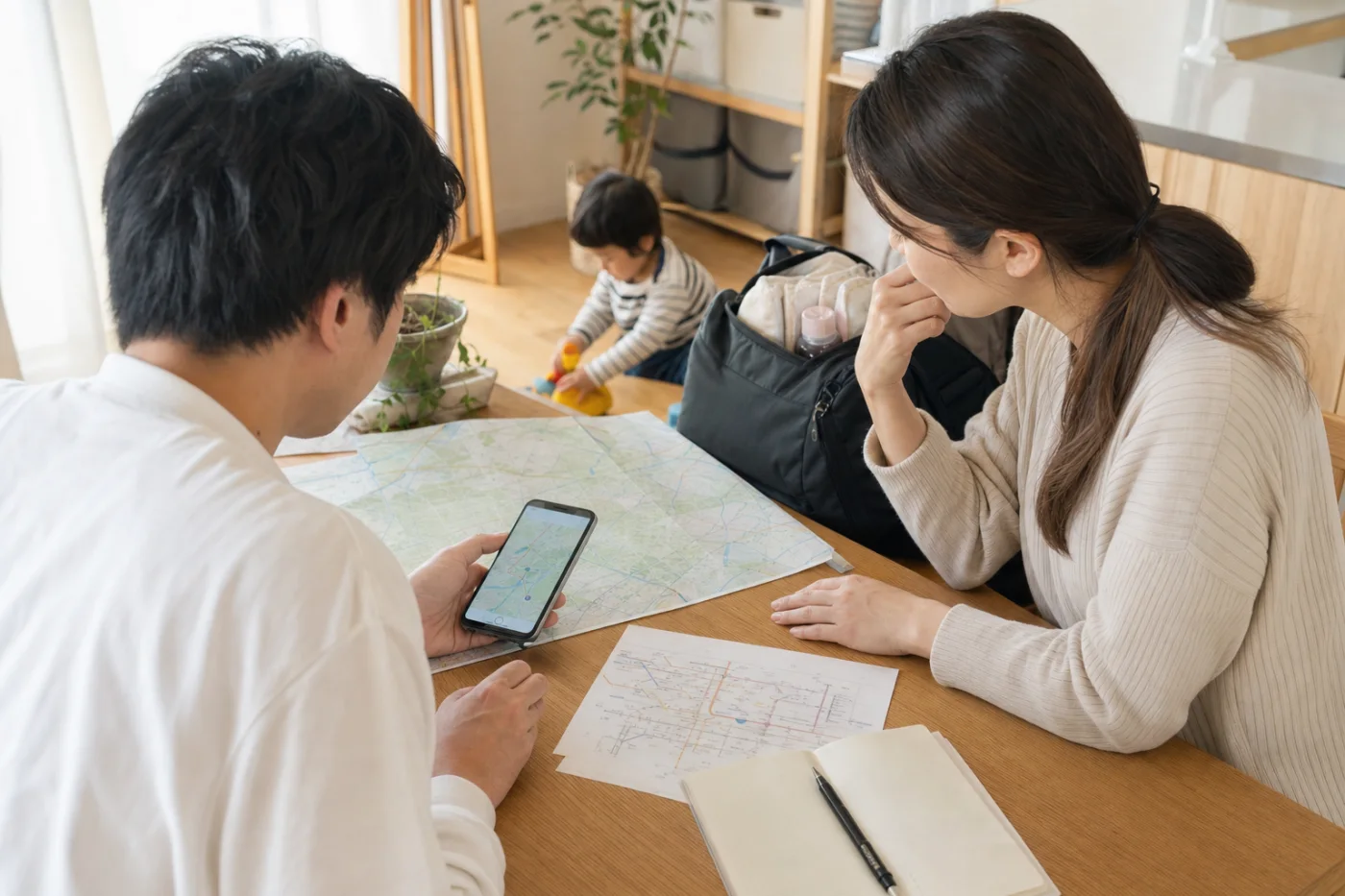 地図とスマートフォンで参拝先を比較する家族