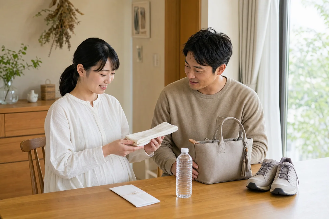 安産祈願の腹帯や初穂料などを夫婦で準備する様子