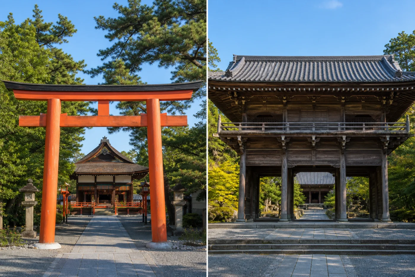 鳥居のある神社と山門のあるお寺の比較