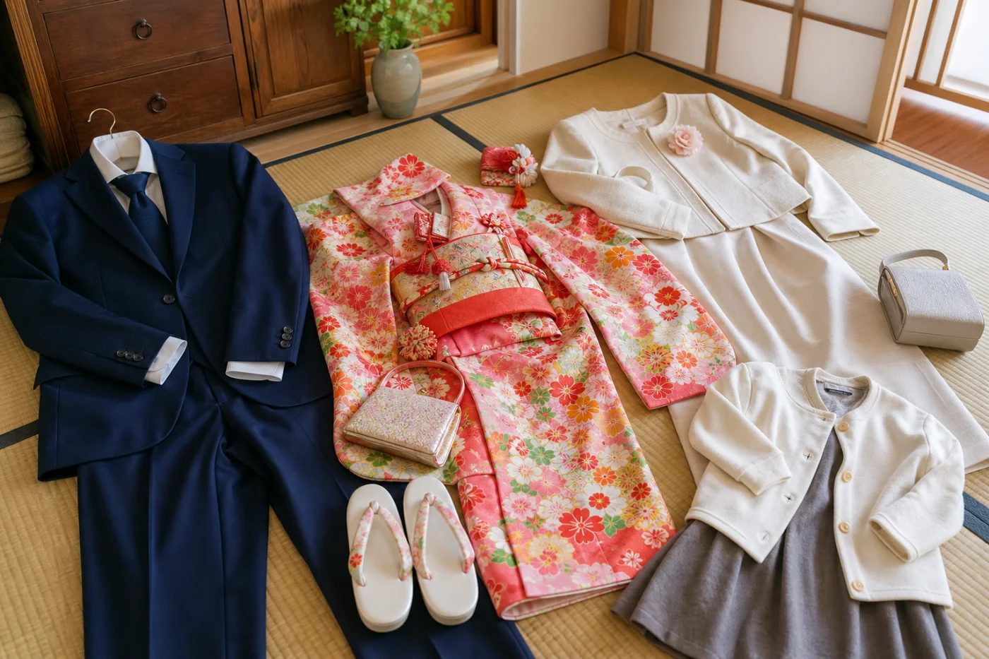 七五三の主役の着物と家族の服装を並べた様子