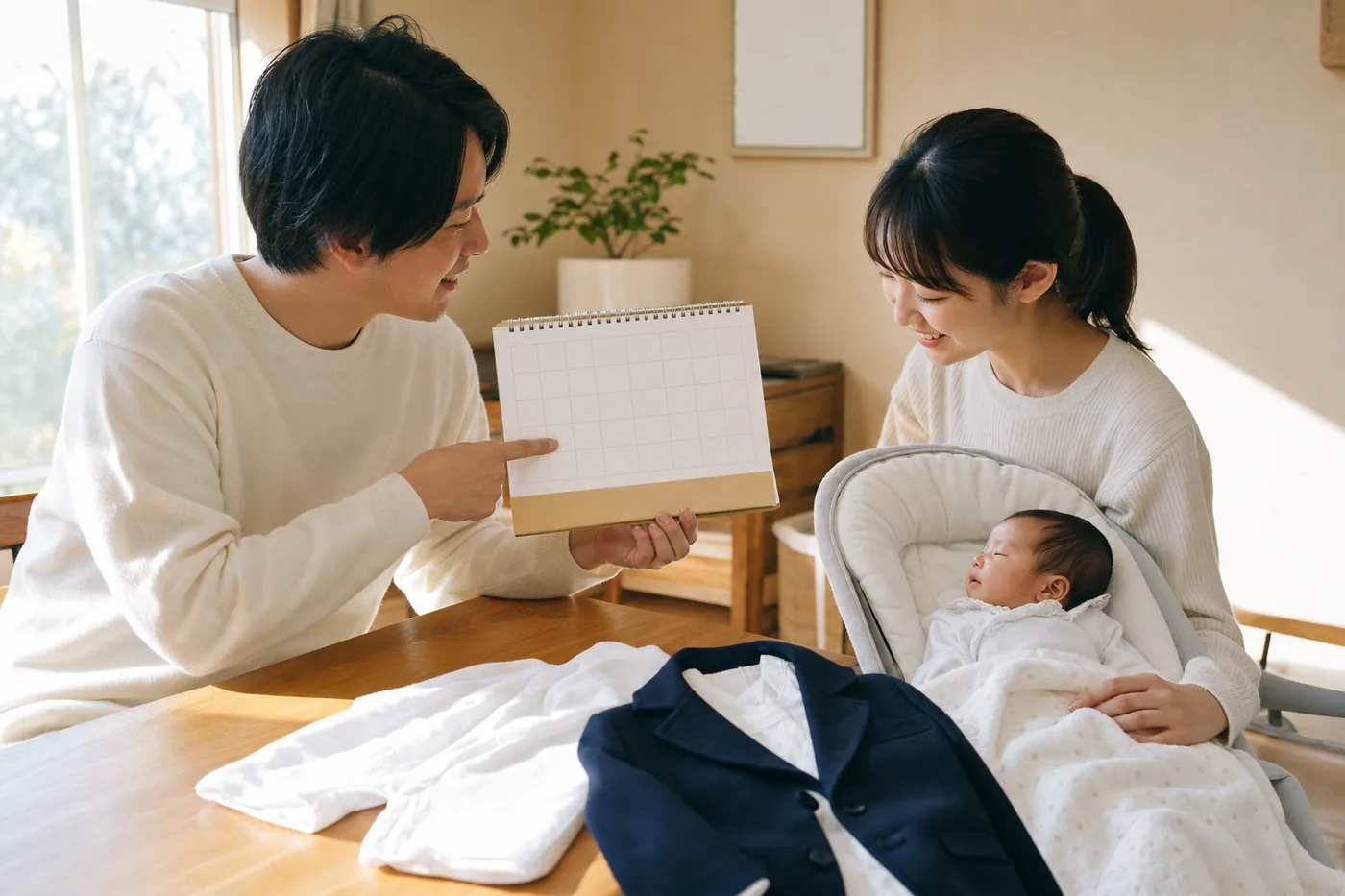 赤ちゃんの様子を見ながらカレンダーでお宮参りの日を相談する両親