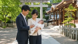 生後3か月頃の赤ちゃんを抱いて神社へ参拝する両親