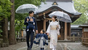 雨の日に傘を差して赤ちゃんと七五三の子どもを連れて歩く家族