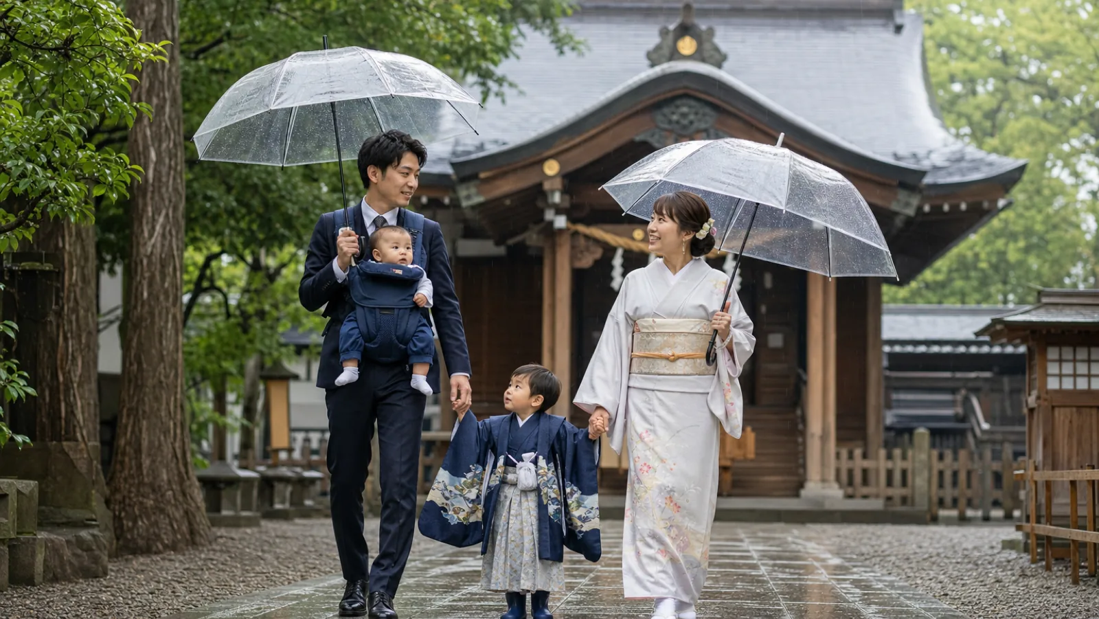 雨の日に傘を差して赤ちゃんと七五三の子どもを連れて歩く家族