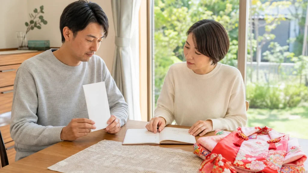 七五三の初穂料ののし袋と予算を確認する両親