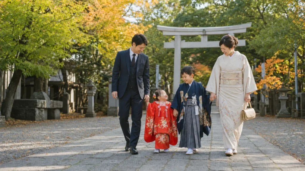 秋の明るい神社参道を歩く、七五三の着物姿の子ども2人と両親
