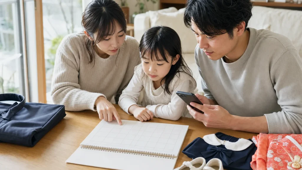 カレンダーとスマートフォンで参拝日を相談する家族