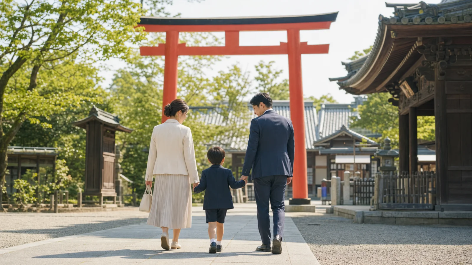 明るい神社の参道を家族で歩く様子